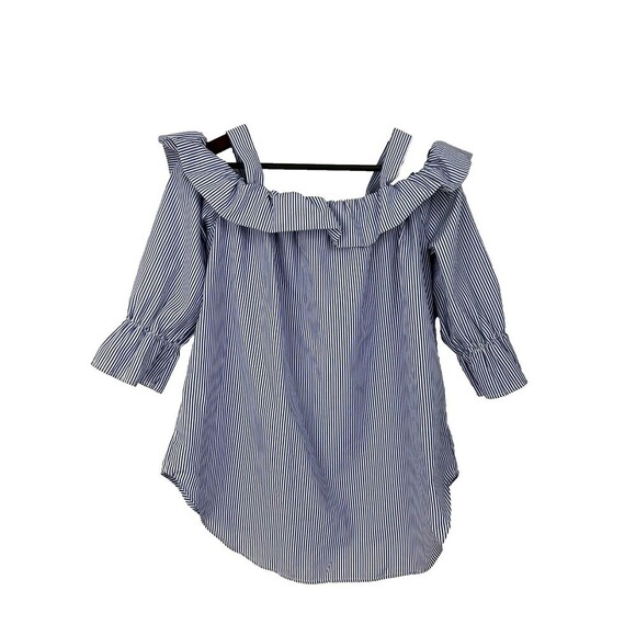 Janet Chung Womens Size L  Blouse Blue White Striped Off Shoulder Ruffle Top H2 - Picture 4 of 12